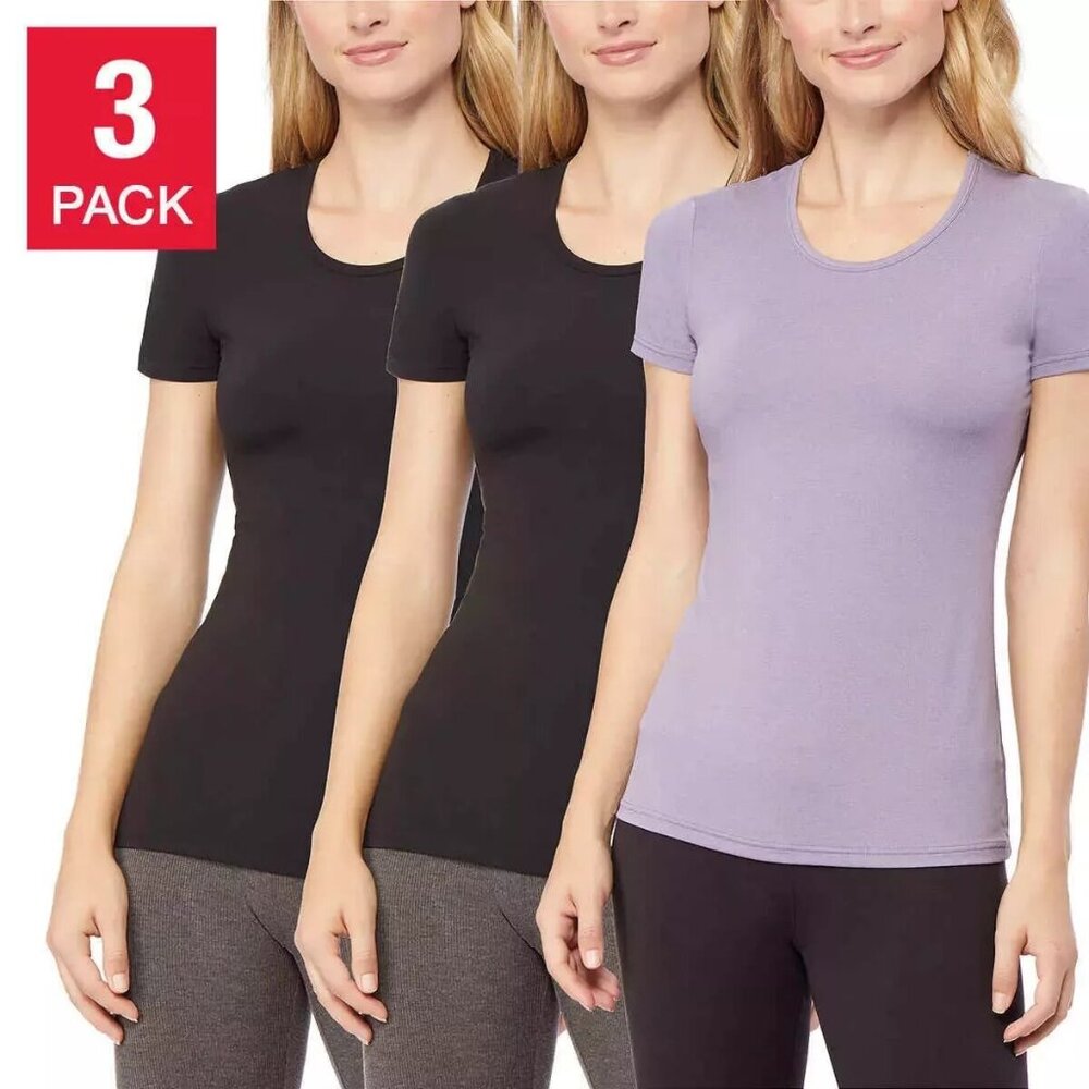 32 Degrees Women's 3pk Cool Short Sleeve Tee Black HT Purple Size XL